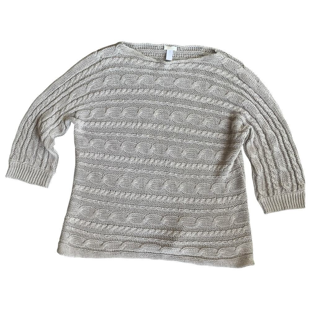 Chico’s Chicos taupe 100% linen cable knit boot neck sweater XL